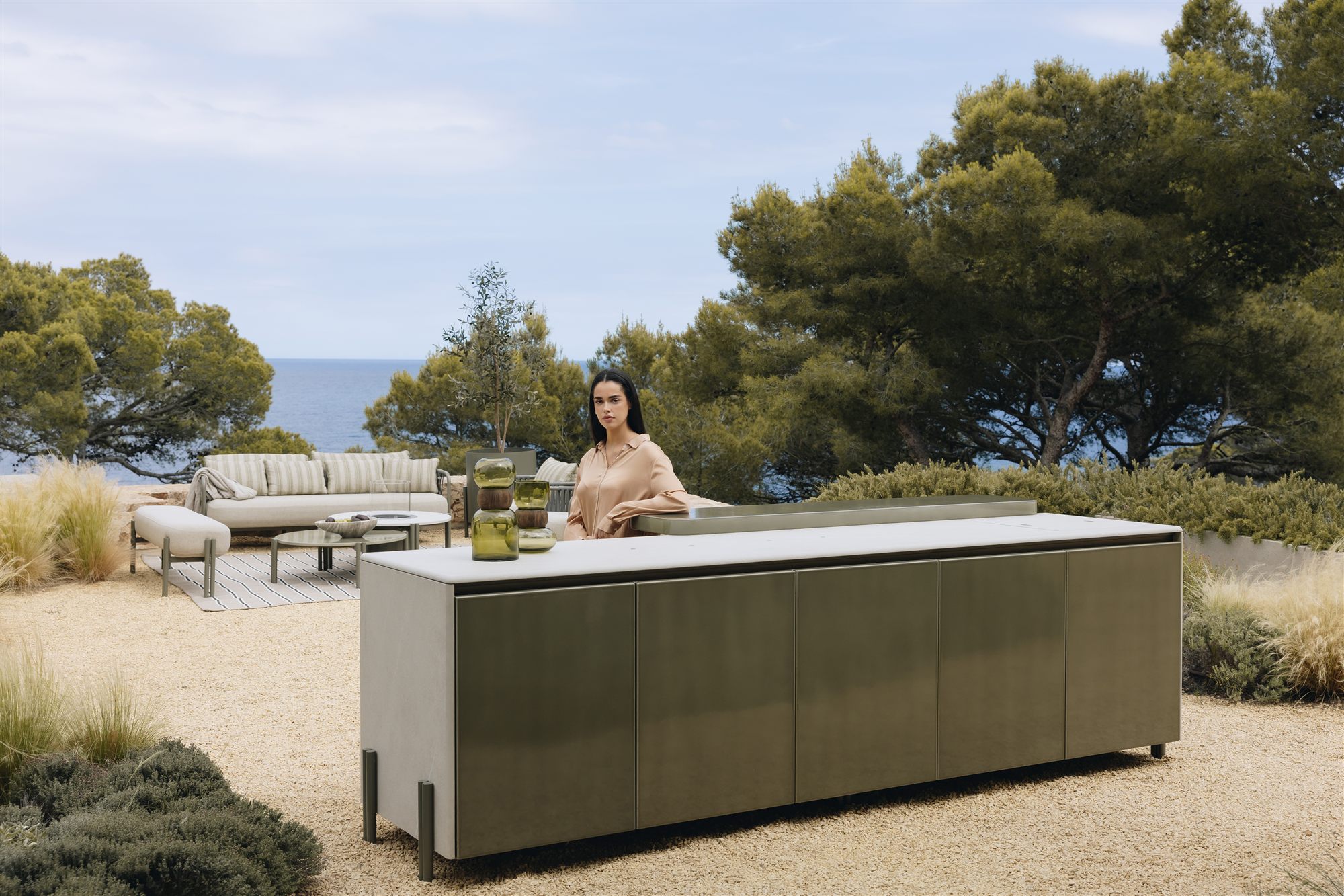 LAVA outdoor kitchen by Novara on a Mediterranean seaside terrace